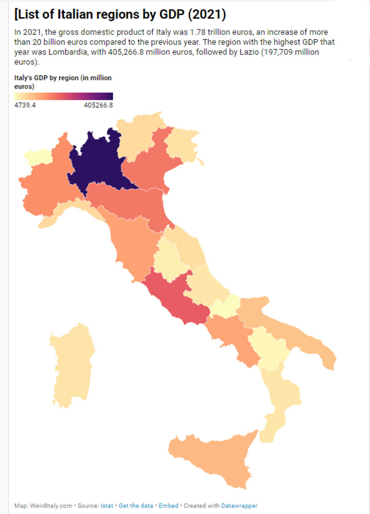 Regiony Włoch według PKB (2021, dane: Istat)