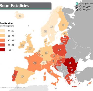 Liczba śmiertelnych wypadków drogowych rocznie miesięcznie na 1 mln mieszkańców w Europie, 2019