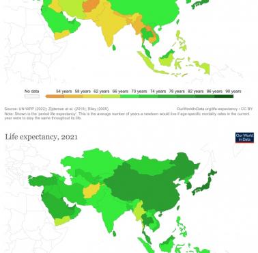 Średnia długość życia w Azji 1990 vs 2021