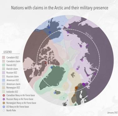 Roszczenia terytorialne wobec Arktyki z lokalizacją baz wojskowych