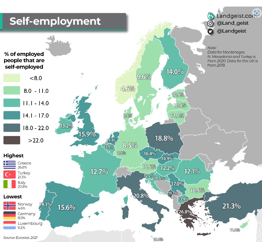 Samozatrudnienie we wszystkich europejskich regionach, 2021