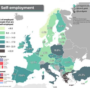 Samozatrudnienie we wszystkich europejskich regionach, 2021