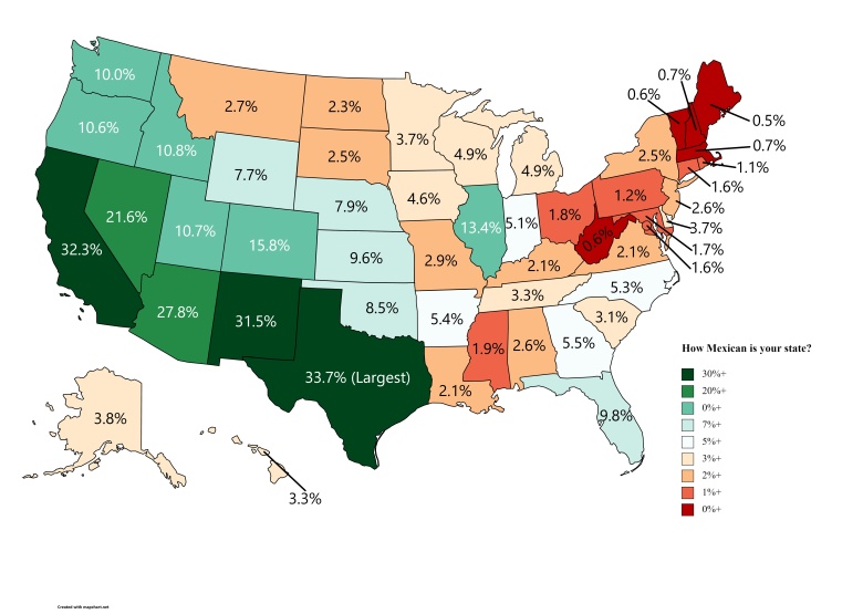 Odsetek ludności meksykańskiej w każdym stanie USA, 2020