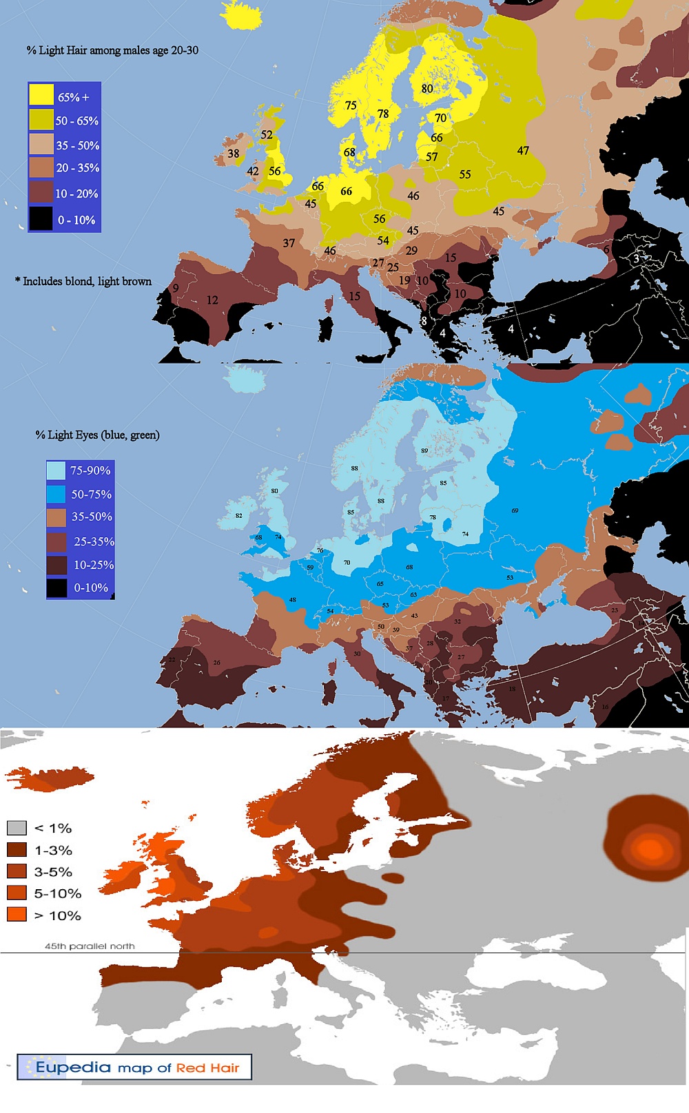 Mapa jasności koloru włosów i oczu w Europie