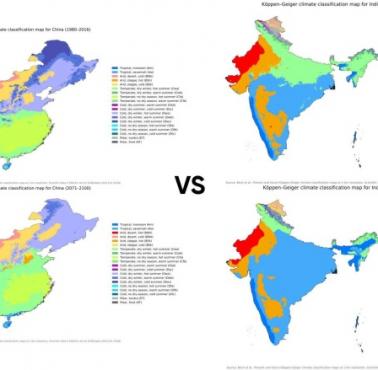 Mapa klimatyczna Chin i Indii wg Köppena w latach 1980-2016 oraz luźna prognoza na 2071-2100
