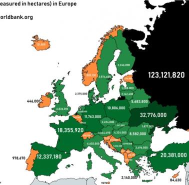 Areały gruntów ornych w Europie (w hektarach)