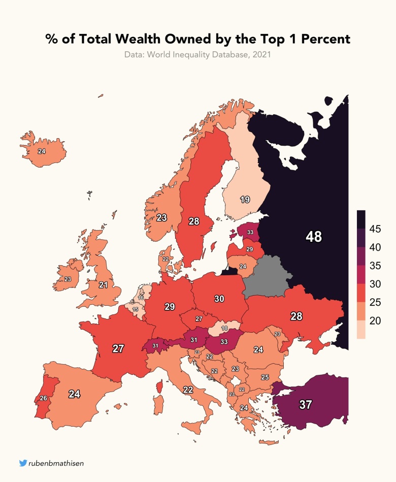 Jaki odsetek bogactwa należy do 1 proc. mieszańców w poszczególnych krajach w Europie, World Inequality Lab, 2021