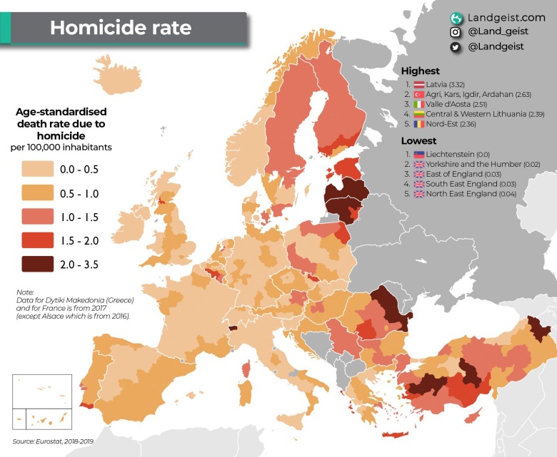 Wskaźnik zabójstw w Europie na 100 tys. mieszkańców, 2018-2019