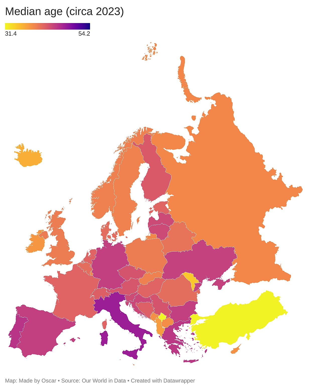 Mediana wieku w Europie, 2023