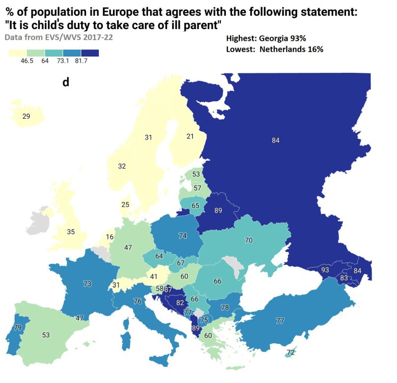 Odsetek ludności w Europie, który zgadza się ze stwierdzeniem: Obowiązkiem dziecka jest opieka nad chorym rodzicem, 2017