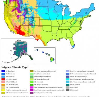 Klasyfikacja klimatów Köppena w USA, 1991-2020