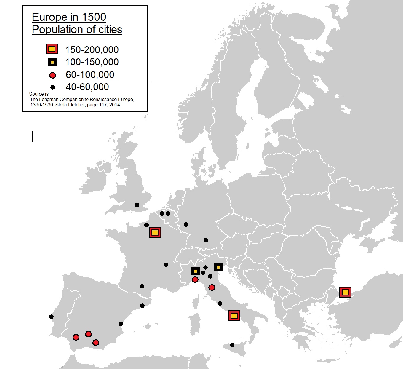 Miasta powyżej 40 tys. w Europie w 1500 r.