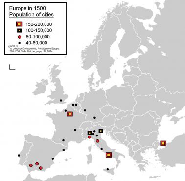 Miasta powyżej 40 tys. w Europie w 1500 r.