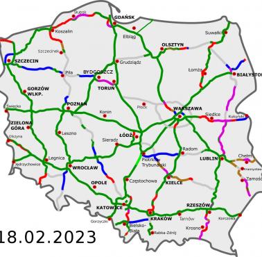 System dróg szybkiego ruchu w Polsce na dzień 18.02.2023 r. (zaznaczono drogi w budowie)