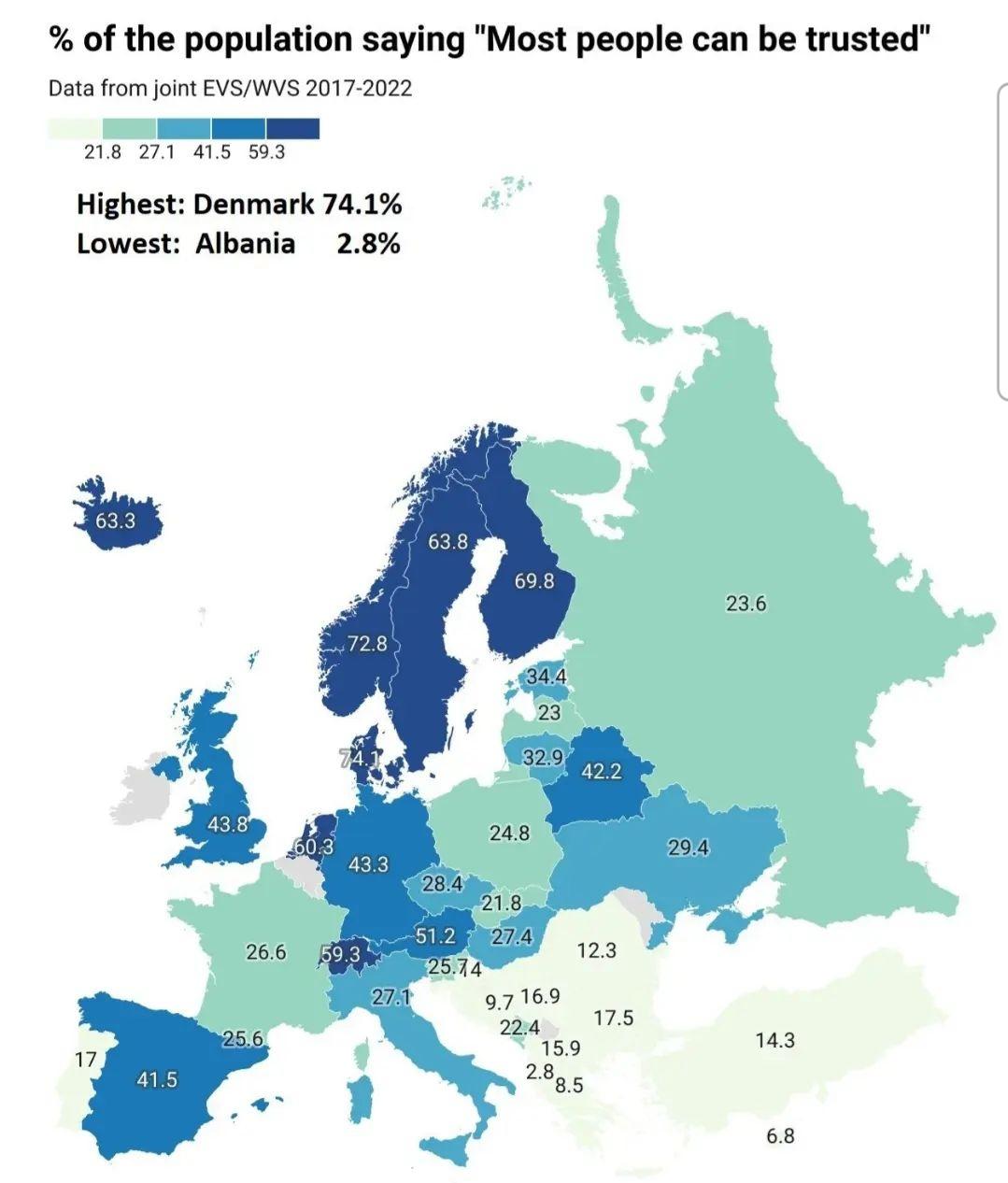 Zaufanie do innych ludzi w europejskich krajach, 2017-2022