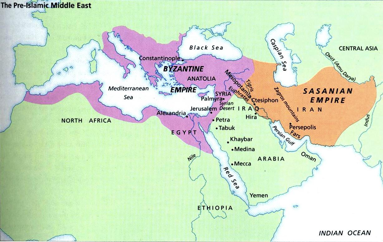 Mapa Europy (basen Morza Śródziemnego) w 600 roku tuż przed pojawieniem się islamu