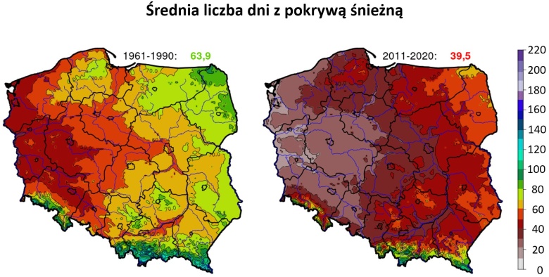 Średnia liczba dni z pokrywą śnieżną w Polsce, 1961-1990 vs. 2011-2020