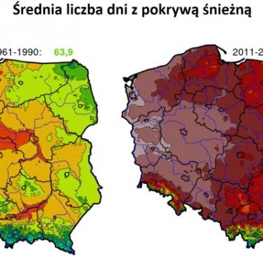 Średnia liczba dni z pokrywą śnieżną w Polsce, 1961-1990 vs. 2011-2020