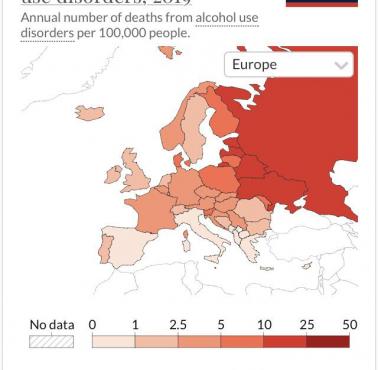 Wskaźniki śmiertelności z powodu przedawkowania alkoholu na 100 tys. mieszkańców w Europie, 2019