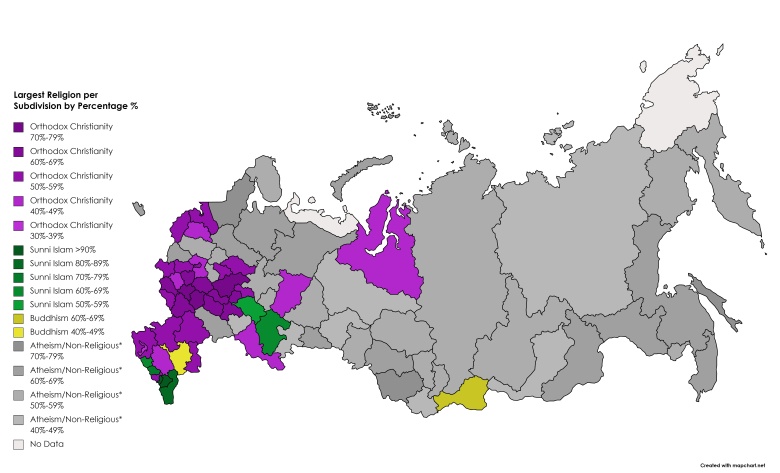 Największa religia w rosyjskich regionach, 2012