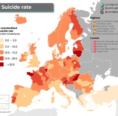 Wskaźnik samobójstw na 100 tys. osób w Europie, 2017