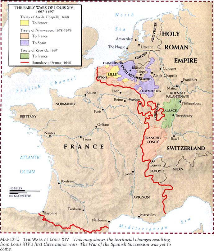 Mapa Francji z naniesionymi kampaniami Ludwika XIV, 1667-1697