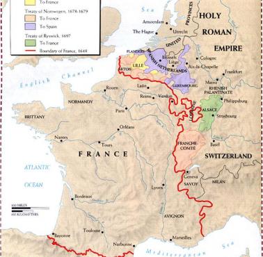 Mapa Francji z naniesionymi kampaniami Ludwika XIV, 1667-1697