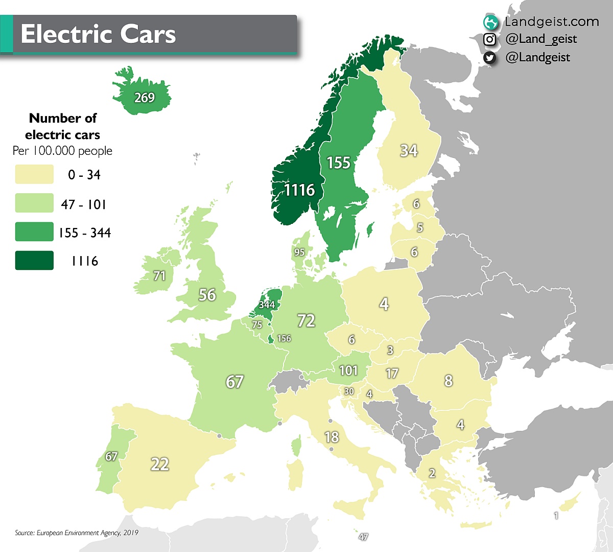 Samochody elektryczne przypadające na 100 tys. mieszkańców w Europie, 2019