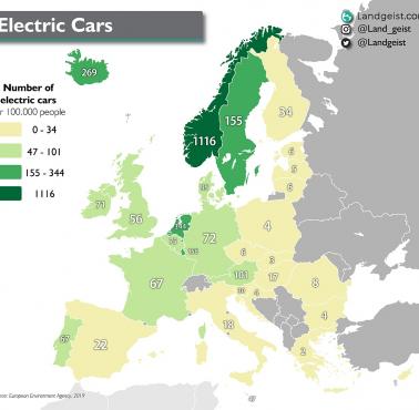 Samochody elektryczne przypadające na 100 tys. mieszkańców w Europie, 2019
