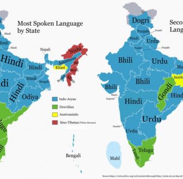 Najpopularniejszy i drugi najpopularniejszy język w Indiach z podziałem na regiony