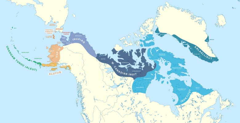Zasięg występowania rdzennych języków np. Inuitów - Kanady i Alaski