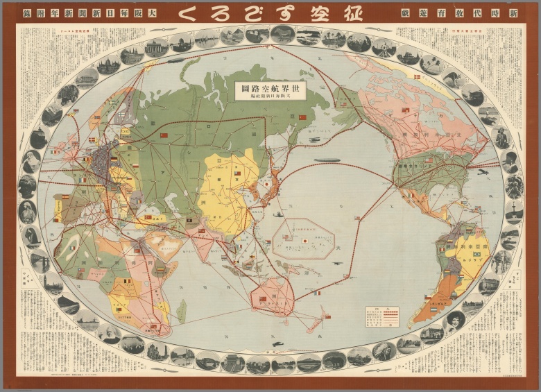 Japońska mapa z trasami lotów na świecie (w języku japońskim) (1930)