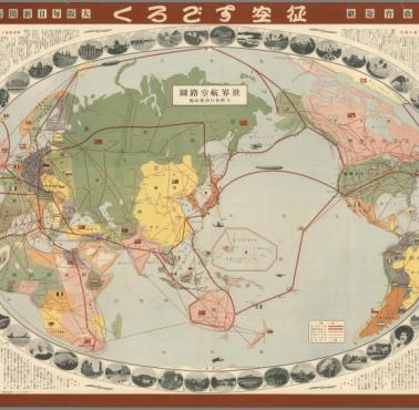 Japońska mapa z trasami lotów na świecie (w języku japońskim) (1930)
