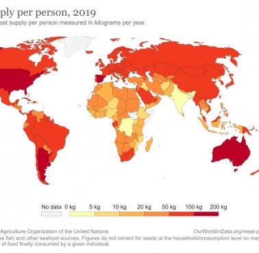 Roczne spożycie mięsa w poszczególnych państwach świata (w kg), 2019