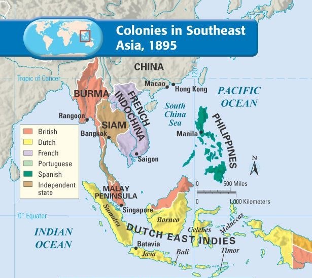 Kolonie europejskie w Azji Południowo-Wschodniej (bez Chin). Jedynie Tajlandia teoretycznie była niepodległa, 1895