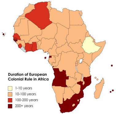 Okres kolonialny (w latach) wszystkich współczesnych państw afrykańskich