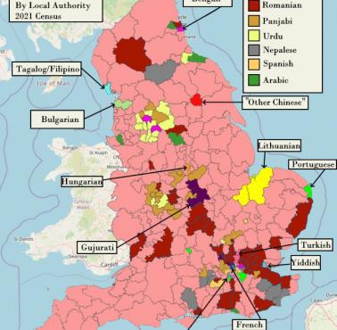 Drugi najczęściej używany język w każdym samorządzie lokalnym w Anglii, 2021
