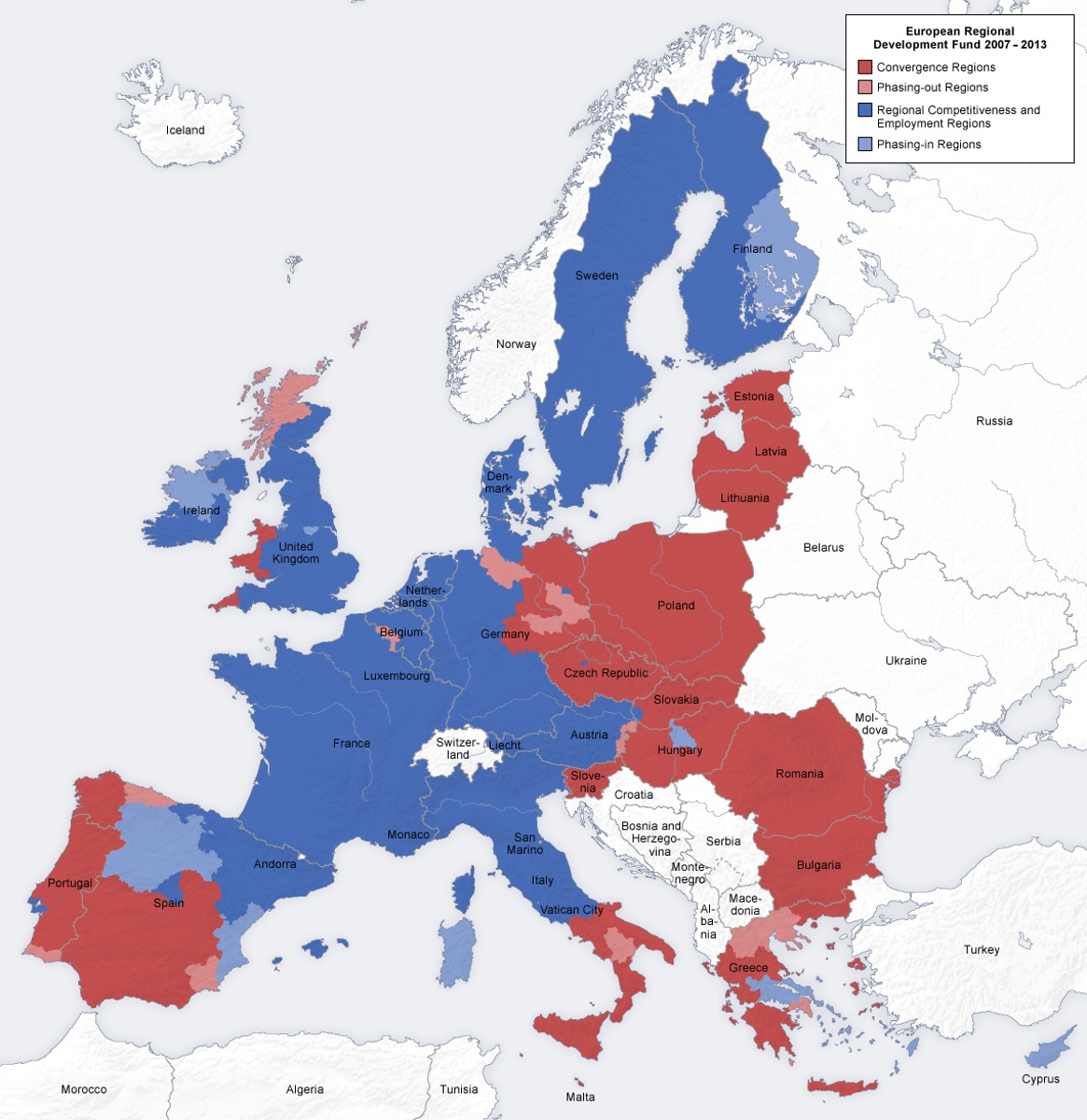 Fundusz Rozwoju Regionalnego Unii Europejskiej, które otrzymują środki, widoczna Afryka Europy i peryferia, 2007-2013