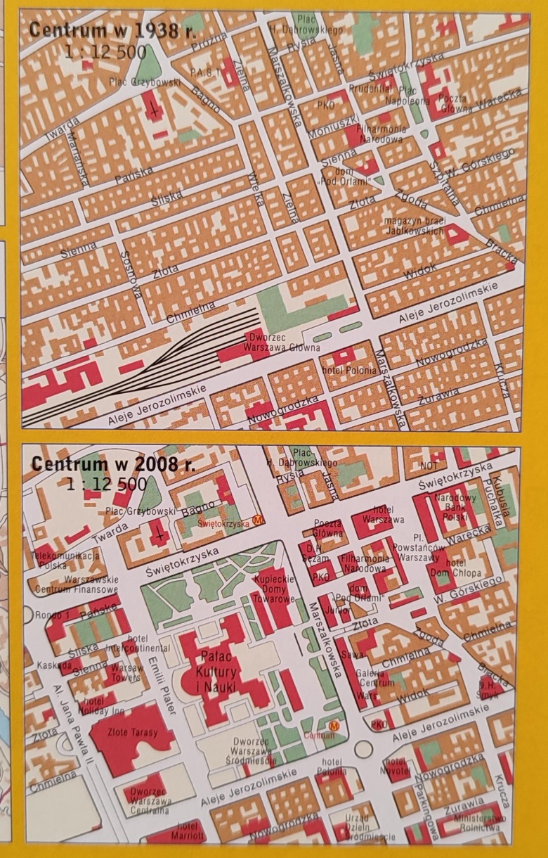 Mapa centrum Warszawy z 1938 i 2008