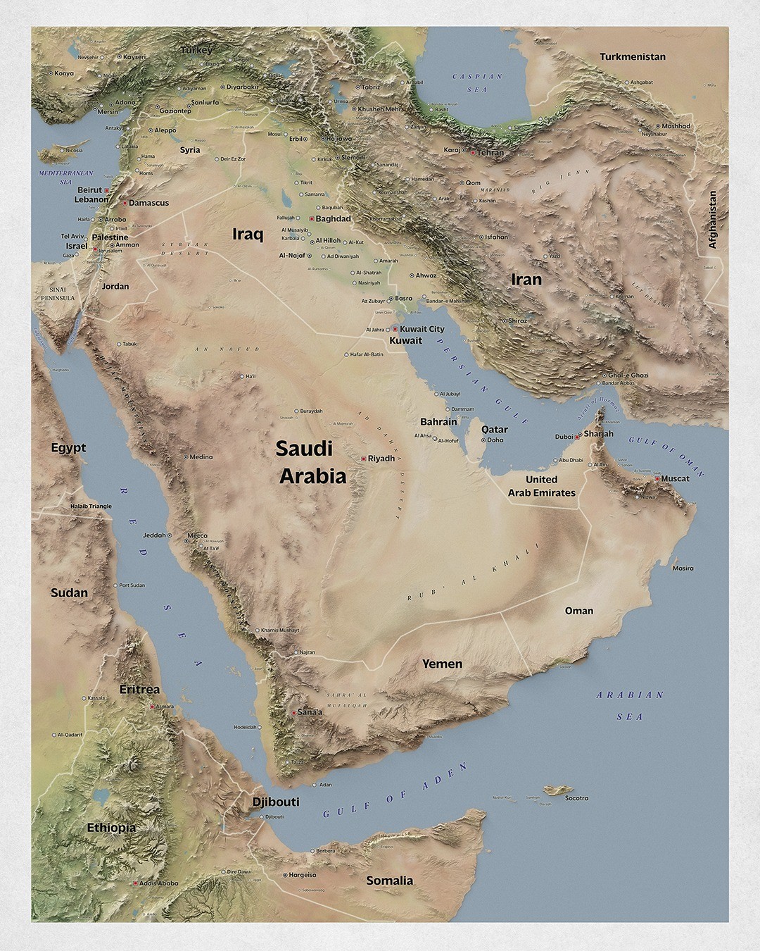 Reliefowa mapa Półwyspu Arabskiego (topograficzna)