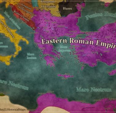 Mapa basenu Morza Śródziemnego w 476 roku, w tym Cesarstwo Wschodniorzymskie (Bizancjum)