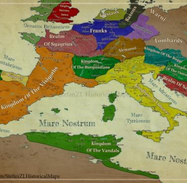 Mapa Europy i basenu Morza Śródziemnego w 476 roku (po upadku cesarstwa zachodniorzymskiego)
