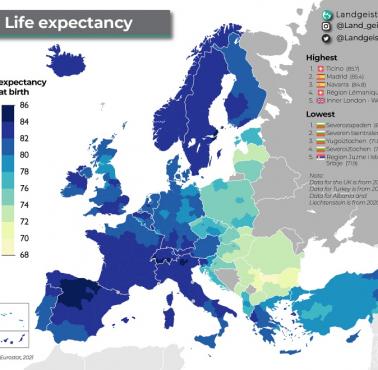 Spodziewana długość życia w chwili urodzenia kobiet i mężczyzn w Europie, 2021
