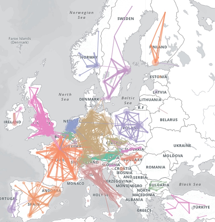 Natężenie ruchu pociągów w Europie, główne trasy komunikacyjne