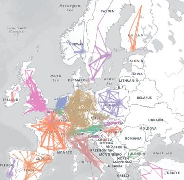 Natężenie ruchu pociągów w Europie, główne trasy komunikacyjne