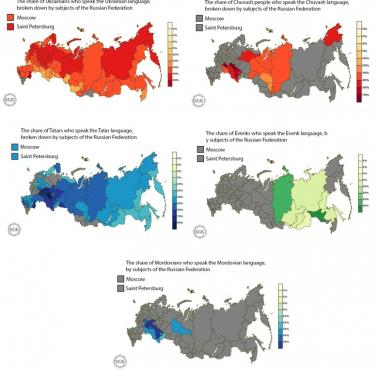 Udział rodzimych użytkowników niektórych rdzennych narodów Rosji z podziałem na największe jednostki administracyjne Rosji