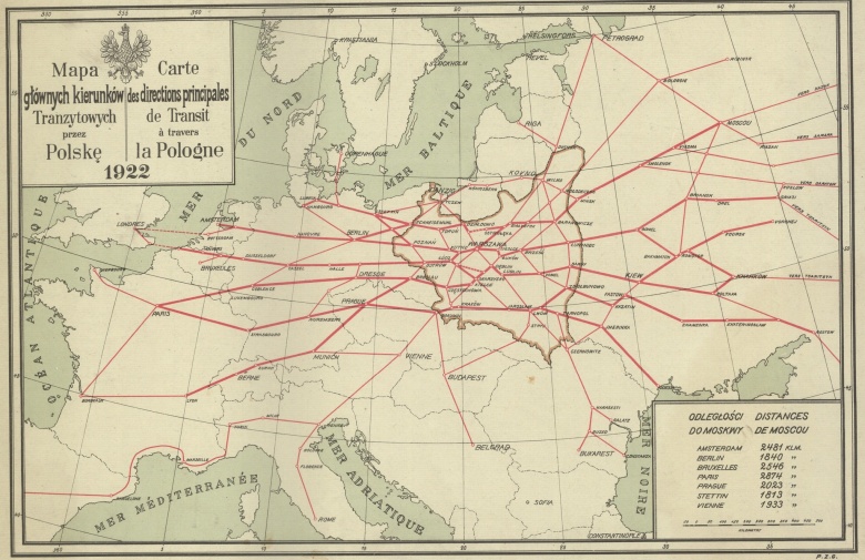 Główne przebiegające przez Polskę kierunki tranzytowe, mapa z 1922 roku