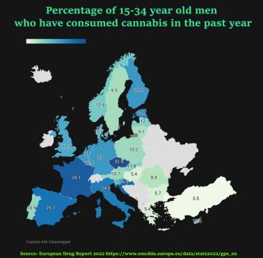 Odsetek chłopców i mężczyzn (15-34 lat), która w ostatnim roku użyła marihuany, Europa, 2022