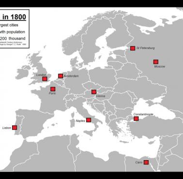 Największe miasta powyżej 200 tys. mieszkańców w Europie, Afryce Północnej i Azji Zachodniej w 1800 r.