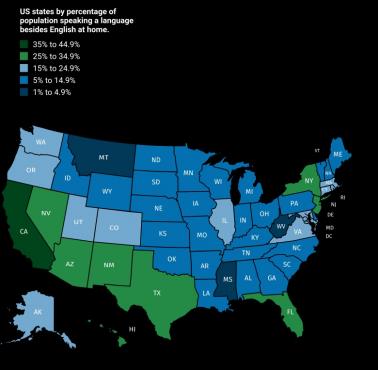 Stany USA według odsetka ludności mówiącej w domu językiem innym niż angielski